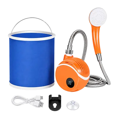 The AquaTrail kit including the USB-C charging cable, pump, multi-mode head, collapsible bucket and mounts