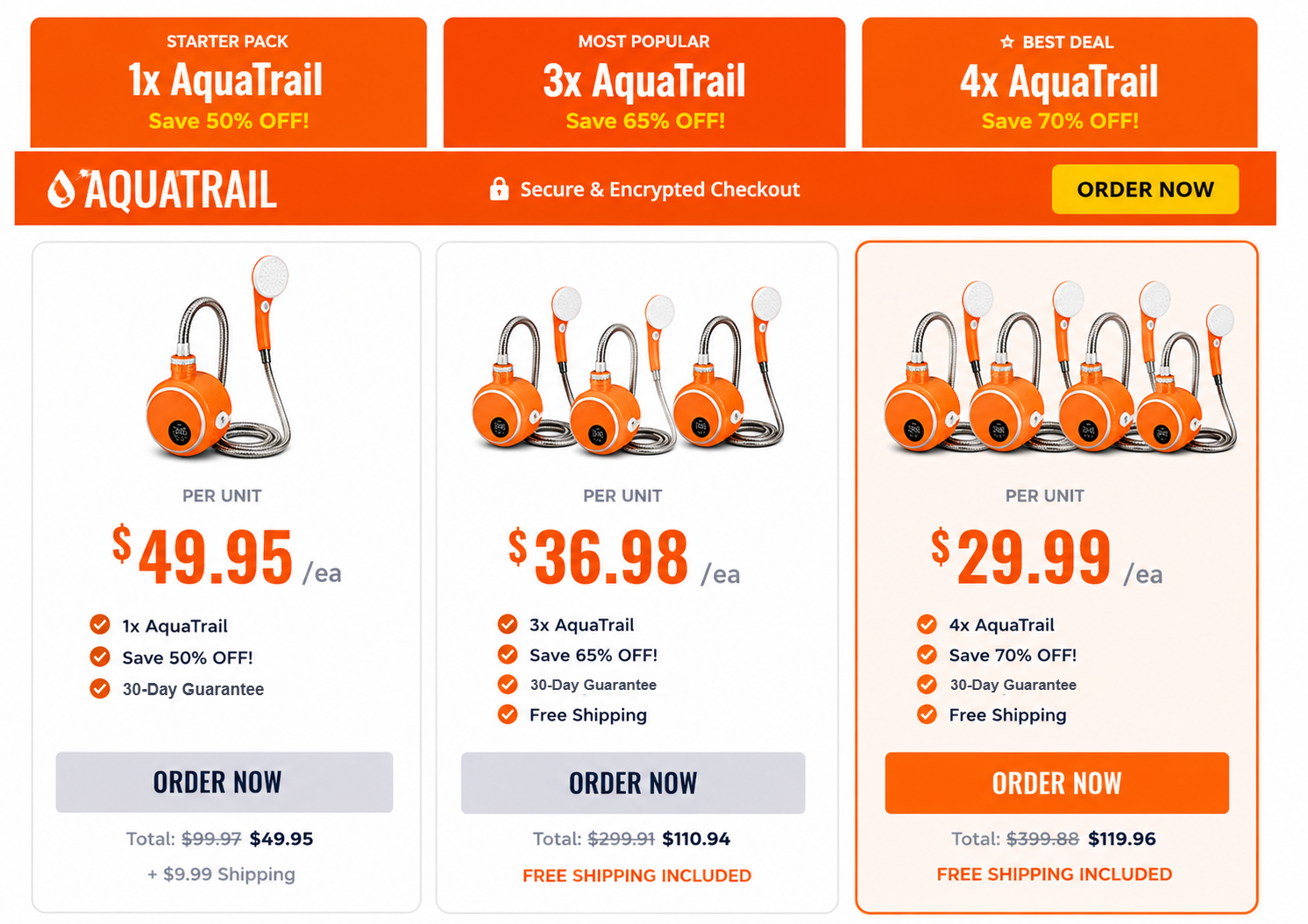 AquaTrail pricing: 1x $49.95/ea (Starter Pack, save 50%), 3x $36.98/ea (Most Popular, save 65%), 4x $29.99/ea (Best Deal, save 70%), with 30-day money-back guarantee and free shipping on multi-packs